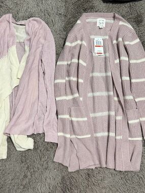 2 Mauve & Cream Striped Open-Front Cardigan Sweaters